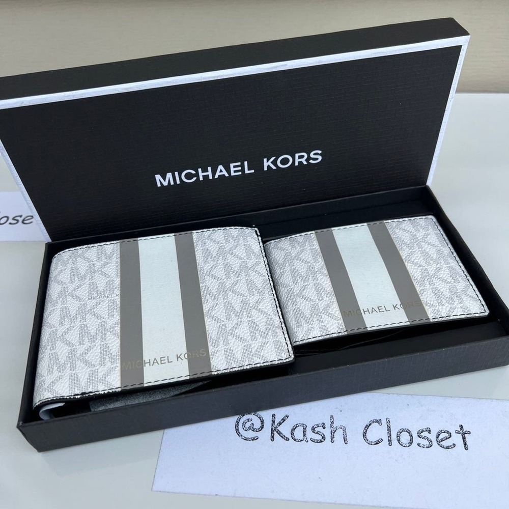 Michael kors Wallet Men Card Case 3 in 1 Gift box set Bright White Grey